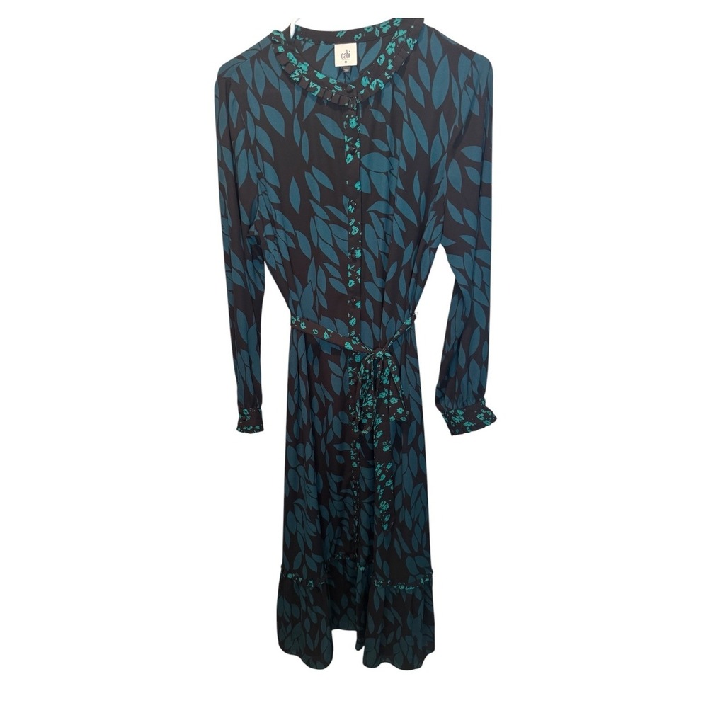 Cabi Womens Green Black Leaf Print Button Front Midi Shirt Dress M Casual Work